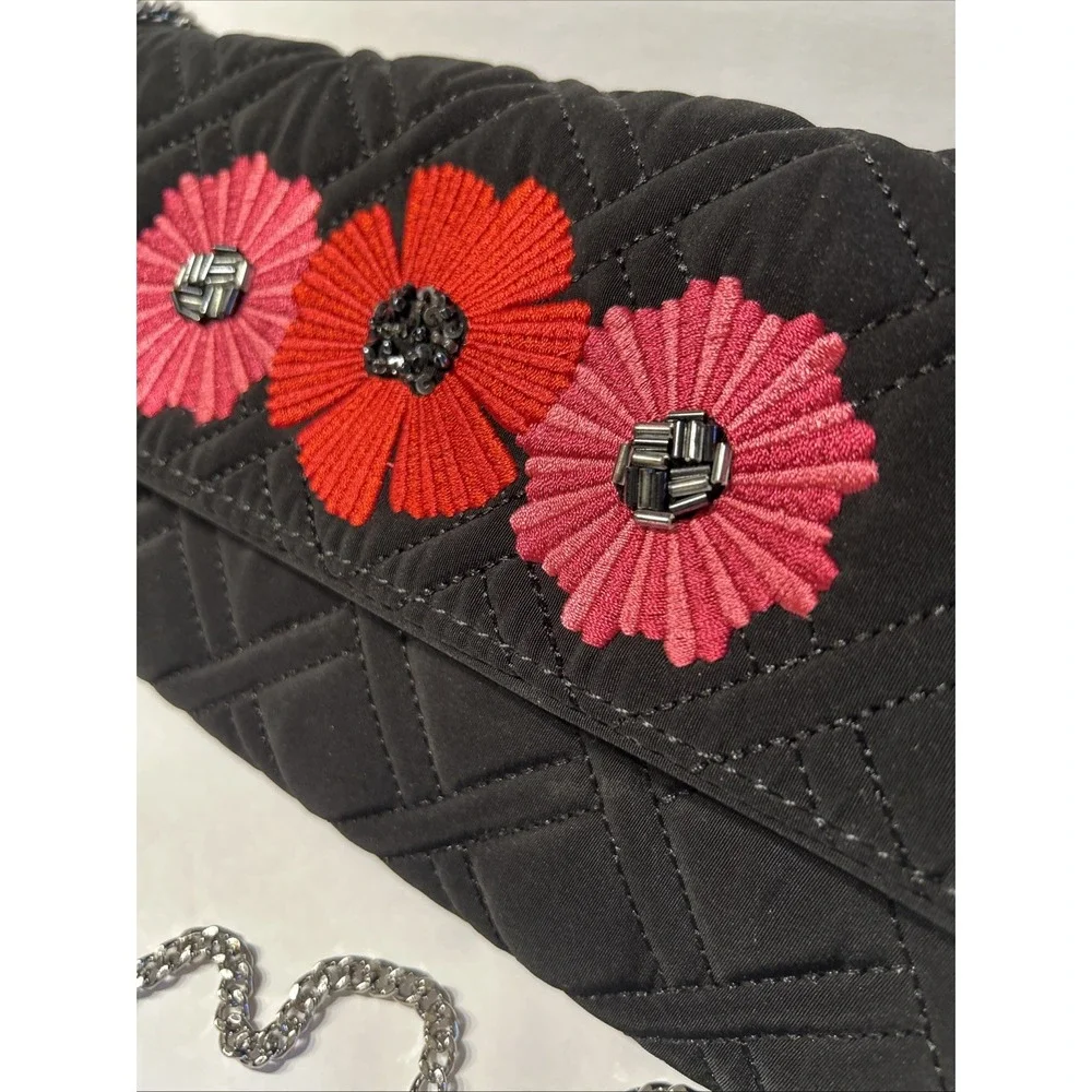 Vera Bradley Celebration Clutch Black Quilted Red Pink Flower Silver Chain Strap